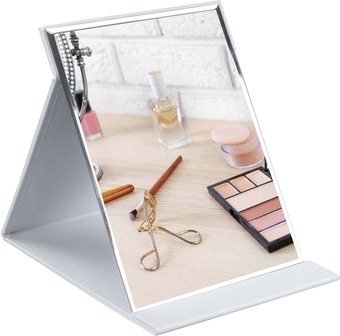 10x7 Inches Portable Folding Makeup Mirror, Frameless PU Leather Desk Mirror with Stand for Camping Travel Tabletop Personal, White
