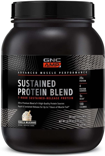 AMP Sustained Protein Blend | Targeted Muscle Building and Exercise Formula | 4 Protein Sources with Rapid & Sustained Release | Gluten Free | Vanilla Milkshake | 28 Servings