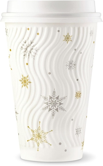 [400 SET]Harvest Pack 16 oz Christmas Coffee Cups, White Snowflake Winter Disposable Paper Cups, Insulated Ripple Wall Paper Cups with Lids, XMAS Gold and Silver Foil, Hot Chocolate To go