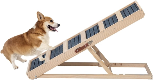 ISDAY Dog Ramp Folding Portable Cat Dog Ramp with Non Slip Mat Pet Car Ramp with Wider Natural Wooden Platform for Small Large Old Dogs 4 Height Adjustable Pet Ramp for Bed Sofa Couch Car Use