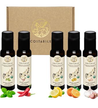 Infused Olive Oil Gift Sets - Organic Puglia Olive Oil Sampler Gift Set. Ideal for Italian Gifts and Edible Gift Baskets. Gourmet Olive Oil Gift Box of 5 x 3.45 Fl.Oz.