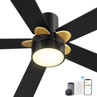 Flush Mount Smart Ceiling Fans with Lights Remote Control, 52inch WiFi Ceiling Fan with LED Light Outdoor, 10 Speed DC Motor, Work with Alexa/Google Assistant/Siri Shortcut Black& Gold