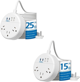 Extension Cord 25 FT and 15 FT Bundle, Power Strip with 4 USB Ports(2 USB C), Mounted, Long Extension Cord with Multiple outlets, Compact for Home Office, Indoor, Living Room, White