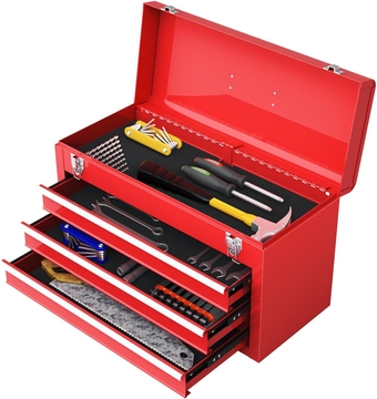 Portable Tool Box, 20.5’’ Lockable Steel Tool Chest Cabinet w/Comfortable Handle & 3 Drawers, Heavy Duty Storage Toolbox Tool Organizer for Garage, Warehouse, Home, Red