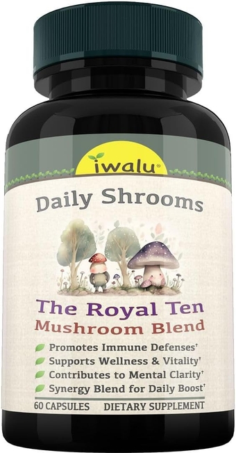 Mushroom Supplement Royal Ten Daily Complex - Lions Mane, Reishi, Cordyceps, Chaga, Turkey Tail, Shitake, Maitake, Lion's Mane, Shiitake, Agaricus, Lionsmane, Mushrooms Extract Blend 60 Capsules