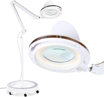 LightView Pro Magnifying Glass with Light and Stand, Magnifying Floor Lamp with a 6-Wheel Rolling Base for Facials, Lash Estheticians, Dimmable LED Work Light for Sewing, Crafts
