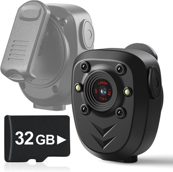 Body Camera Built-in 32GB Memory Card 1080P Police Video Recorder Wearable Portable Security Cam Webcam with Night Vision Pocket Clip IR Dash Cam for Home/Outdoor/Law Enforcement/Cop Guard