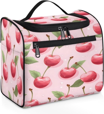 Cherry Fruit Pattern Makeup Bag for Women Travel Cosmetic Case Toiletry Organizer with Hanging Hook Make Up Bag for Accessories