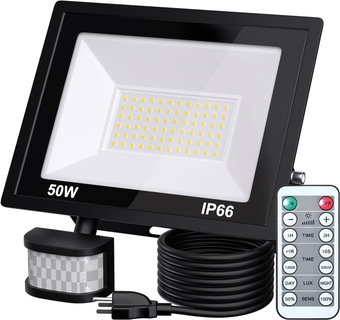 50W Plug in LED Motion Sensor Flood Light, PIR Induction Lamp, Dusk to Dawn Outdoor Auto ON/Off, IP66 Rainproof Work Light for Garage Yard Patio Porch Doorway Wall