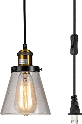 Modern Mini Pendant Light, Clear Seeded Glass Shade with 13Ft Plug in Cord and On/Off Switch, Adjustable Vintage Farmhouse Hanging Lamp for Kitchen Island Sink Counter Bar Loft