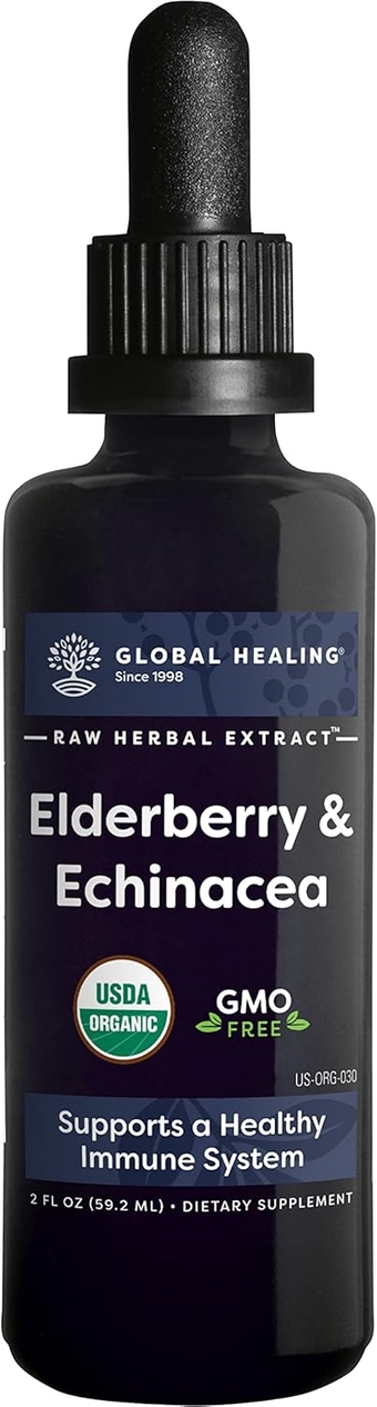Global Healing Center USDA Organic Elderberry & Echinacea Liquid Supplement Tincture | Antioxidant Immune Support Against Harmful Organisms for Adults and Kids, Vegan, Non-GMO, 2-Month Supply (2 Oz)