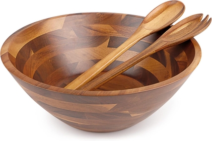 Acacia 3-Piece Wooden Salad Bowl Set, Large Wood Salad Bowl with Server,Big Wood Serving Bowl for Fruits, Salad, Cereal or Past