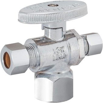 Eastman 3/8 Inch OD Compression x 1/4 Inch OD Compression x 1/2 Inch FIP Quarter Turn Dual Outlet Three Way Stop Valve, Chrome, 48655LF