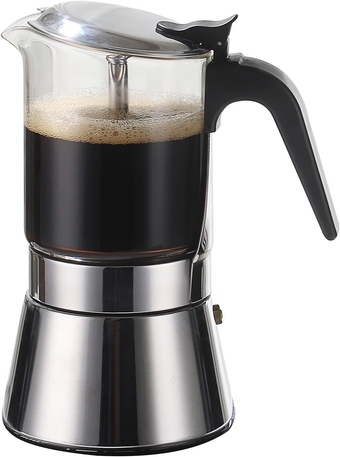 Moka Induction Stovetop Espresso Maker,Crystal Glass-top & Stainless Steel Espresso Moka Pot,Classic Italian coffee maker,240ml(6cup)