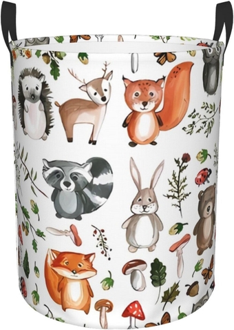 Cute Woodland Animals Laundry Hamper with Durable Handle Waterproof Foldable Laundry Basket Round Storage Basket Dirty Clothes Organizer Bag for Kids Bathroom Bedroom Dorm