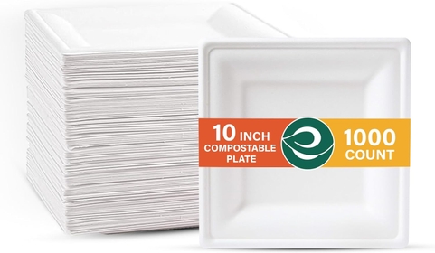 Pearl White 10 Inch Square [20 Packs of 50] Paper Plates (PFAS free) | 100% Compostable Disposable Bagasse I Heavy-Duty Eco-Friendly Dinner Plates I Biodegradable Sugarcane Eco Plates