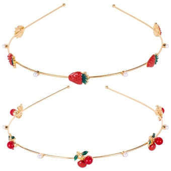 2pcs Strawberry Cherry Headbands Cute Pearl Mermaid Headpiece Summer Fruit Hair Hoops Gold Bridal Vine Tiara Wedding Prom Engagement Hair Accessories for Bride Women Girls