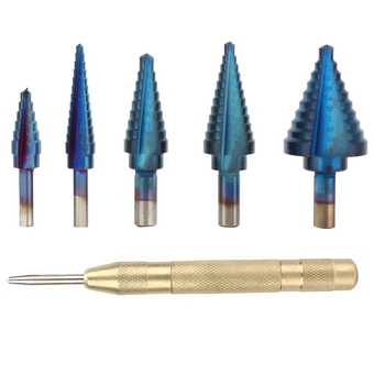 5Pcs Step Drill Bit Set, with Automatic Center Punch, High Speed Steel HSS Cone Step Drill Bit Hole Cutter, Blue Coating Triangle Shank Cone Step Drill Bit with Storage Box