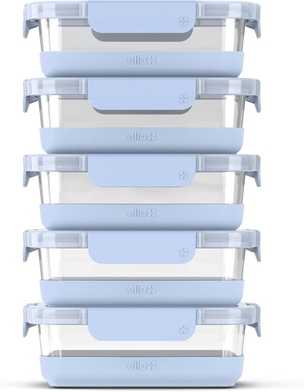 Duraglass Refresh 3.4 Cup Meal Prep Sets 10Pc, 5 Pack Set- Glass Food Storage Container with Silicone Boot and Airtight BPA-Free Plastic Lids, Dishwasher, Microwave and Freezer Safe, Halogen Blue