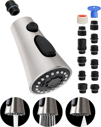 Pull Down Kitchen Faucet Head Replacement, with 11 Adapter Kit Compatible with Kohler/Moen/Delta Faucet, 3 Function Kitchen Sink Faucet Spray Head, Brushed Nickel Finish