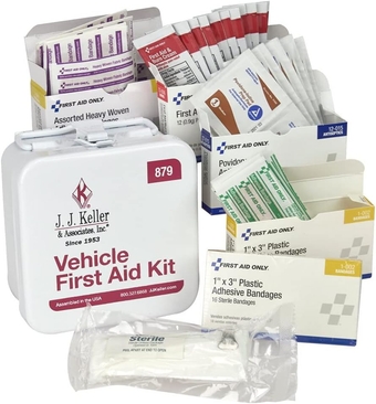 Truck First Aid Kit with Heavy-Duty Steel Travel Case - 4.5" x 4.5" x 2.375" - J. J. Keller & Associates - Includes Necessary First Aid Supplies - Antibiotic Ointment, Bandaids, Iodine Swabs & More