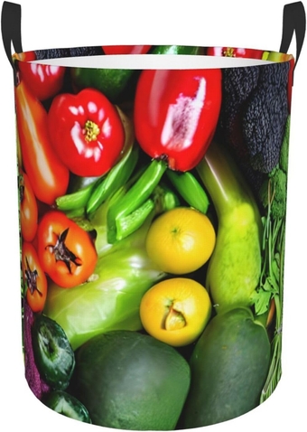 Fresh Vegetables Fruits Round Laundry Basket, Collapsible Tall Clothes Baskets,Washing Bag For Bathroom, Bedrooms