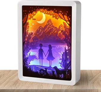 Valentine's Day Gift 3D Paper Carving Night Light Shadow Box Paper Sculptures Frame Table Lamps Decorative Mood Light Desktop Lamp (Hand in Hand (White)