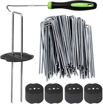 50Pcs Garden Stakes Staples + 50Pcs Gasket,  6 Inch Lawn Landscape Staples 11 Gauge U Shaped Galvanized Landscape Pins, Heavy Duty Yard Ground Pin for Weed Barrier Sod Fabric Decorations - 6"