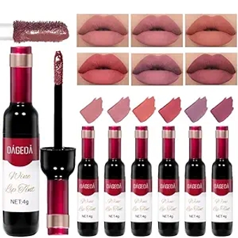 6Pcs Velvet Wine Lip Tint, Matte Lipstick Velvety Lip Makeup Set, Highly Pigmented Liquid Lipstick, Non-stick Cup Lip Makeup Gift Kit for Girls Women(B Set)