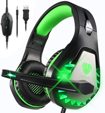 Stereo Gaming Headset for Nintendo Switch, PS4, Xbox One with Noise Cancelling Mic, Soft Earmuffs Surround Sound Over Ear Headphones with LED Light for PC (Green)