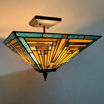 Tiffany Ceiling Lights Fixtures 14” Wide Stained Glass Ceiling Lamp 2-Light Mission Style Semi Flush Mount Ceiling Lighting for Kitchen Hallway Bedroom and Entryway