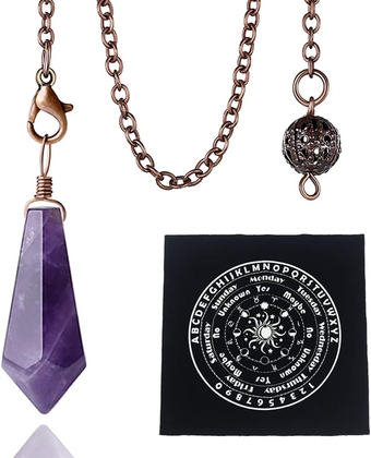 Pendulum Crystal for Dowsing Divination Natural Pointed Quartz Amethyst Pendulum Crystal and Board Mat with Bronze Chain Witchcraft Reiki Gemstones Healing Fate Quiz Accessories