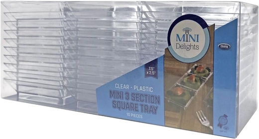 Mini Delights 10 PC Clear Plastic 7.5 X 2.5 Inch Mini 3 Section Square Bowl Tray | Lightweight, Stackable and Reusable (24 Sets X 10 PC)