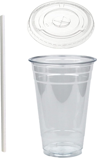 Disposable 20 oz Plastic Crystal Clear Cups with Flat Lids and Paper Straws - For Summary Beverage, Party, to-go (100)
