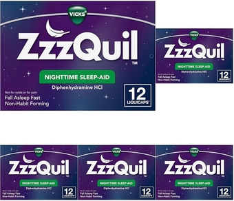 , Nighttime Sleep Aid LiquiCaps, 25 mg Diphenhydramine HCl, No.1 Sleep-Aid Brand, Non-Habit Forming, Fall Asleep Fast, 12 Count (Pack of 5)
