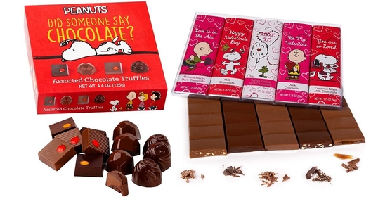 Snoopy  Lovers Valentines Bundle, Assorted Truffles Box PLUS Peanuts  Valentine’s Themed 5 Bar Variety Snack Set (1.75 oz each) Charlie Brown Valentine Gift Shopping Dream Bundle