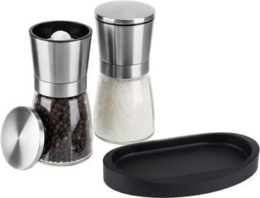Vzaahu Salt and Pepper Grinders Refillable with Stand Black Peppercorn Mills Set Sea Salt Shakers Ceramic Core Adjustable Coarseness for Kitchen Cooking