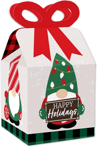 Red and Green Holiday Gnomes - Square Favor Gift Boxes - Christmas Party Bow Boxes - Set  12