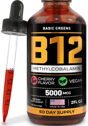 Vitamin B12 Sublingual (Vegan) 2 Fl Oz - Methylcobalamin B12 Vitamins 5000 mcg, B12 Liquid Drops, Methyl B12, Cherry Flavor