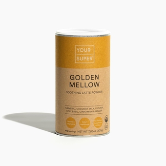 Golden Mellow food Powder – Golden Milk Latte Mix for Natural Stress Relief, with Organic Ashwagandha, Lucuma, Cinnamon, Pepper, Turmeric & Ginger Powder (40 Servings)