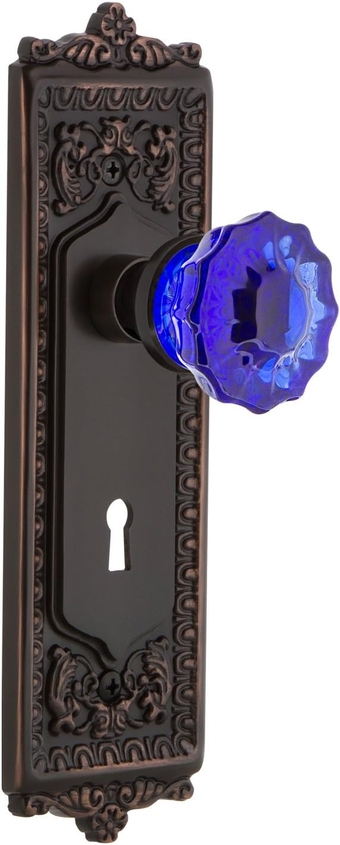 Warehouse 722816 Egg & Dart Plate with Keyhole Single Dummy Crystal Cobalt Glass Door Knob in Timeless Bronze