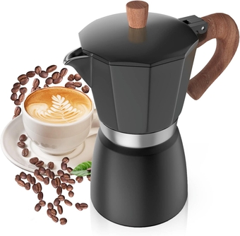 Moka Pot 300ml-6 Cups Espresso Maker, Italian Stovetop Coffee Makers Percolator, Aluminum, Easy To Use & Clean, Camping Home Use | Black | for Mocha Cappuccinos, Lattes