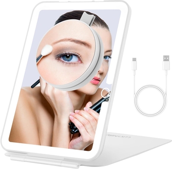 Rechargeable Travel Makeup Mirror with Lights, Portable Lighted Vanity Mirror with 10X Magnification, 70 LEDs 3 Color Lights, Touch Tabletop Folding Compact Cosmetic Mirror White