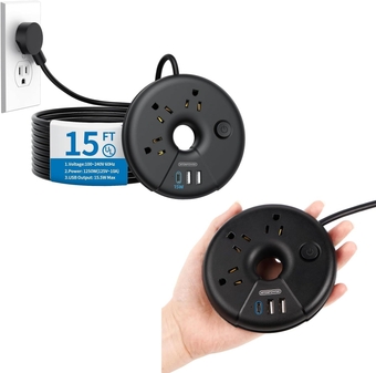 Extra Long Extension Cord 15 ft,  Flat Plug Power Strip with 3 Outlets 3 USB Ports(1 USB C)，Travel Power Strip, Short Extension Cord, Portable Power Strip for Travel, Cruise Essentials, Hotel
