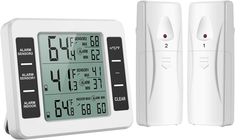 Refrigerator Thermometer, Wireless Digital Freezer Thermometer with 2 Wireless Sensors, Wireless Indoor Outdoor Thermometer, Audible Alarm, Min and Max Display, LCD Display for Home, Restaurants