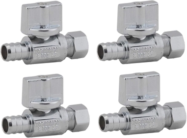LD Valve-1/4 Turn Straight Stop Valve, 3/8-in Compression x 1/2-in PEX,Quarter Turn LF Brass Chrome Plated OD to PEX Straight Shut off Valve for Faucet or Toilet Installation (4-Pack)