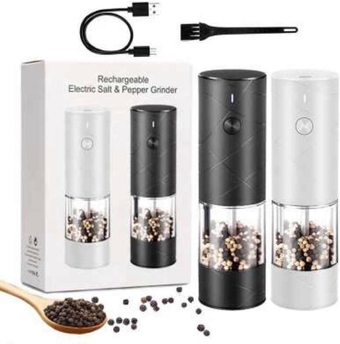 Rechargeable Salt & Pepper Grinder Set - No Battery Needed - Automatic 1 White 1 Black Spice Mill Grinder, Adjustable Coarseness, LED Light, One-Hand Operation.