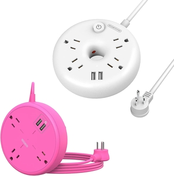 Flat Plug Power Strip Bundle, 3 Outlets 2 USB Compact Power Strip with 5ft and Pink Extension Cord, Right Angle Plug for Beauty Room Bedroom Home Office