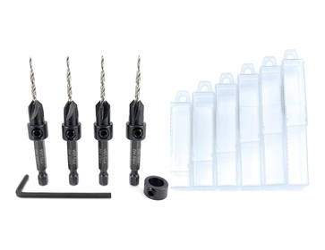 Countersink Drill Bit Set 4 Pc Same Size #4 (7/64") with Tapered Countersink Bit, 6 Storage Containers 1 Stop Collar, 1 Hex Wrench
