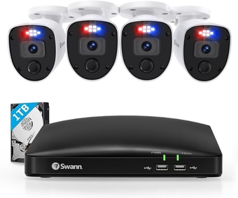 SWANN 1080P Video 8 Channel DVR Security Camera System, 1TB Hard Drive, 4 Indoor/Outdoor Cameras with Audio, Wired CCTV Home Surveillance, Color Night Vision, Force LED Lights & Sirens, 846804SL